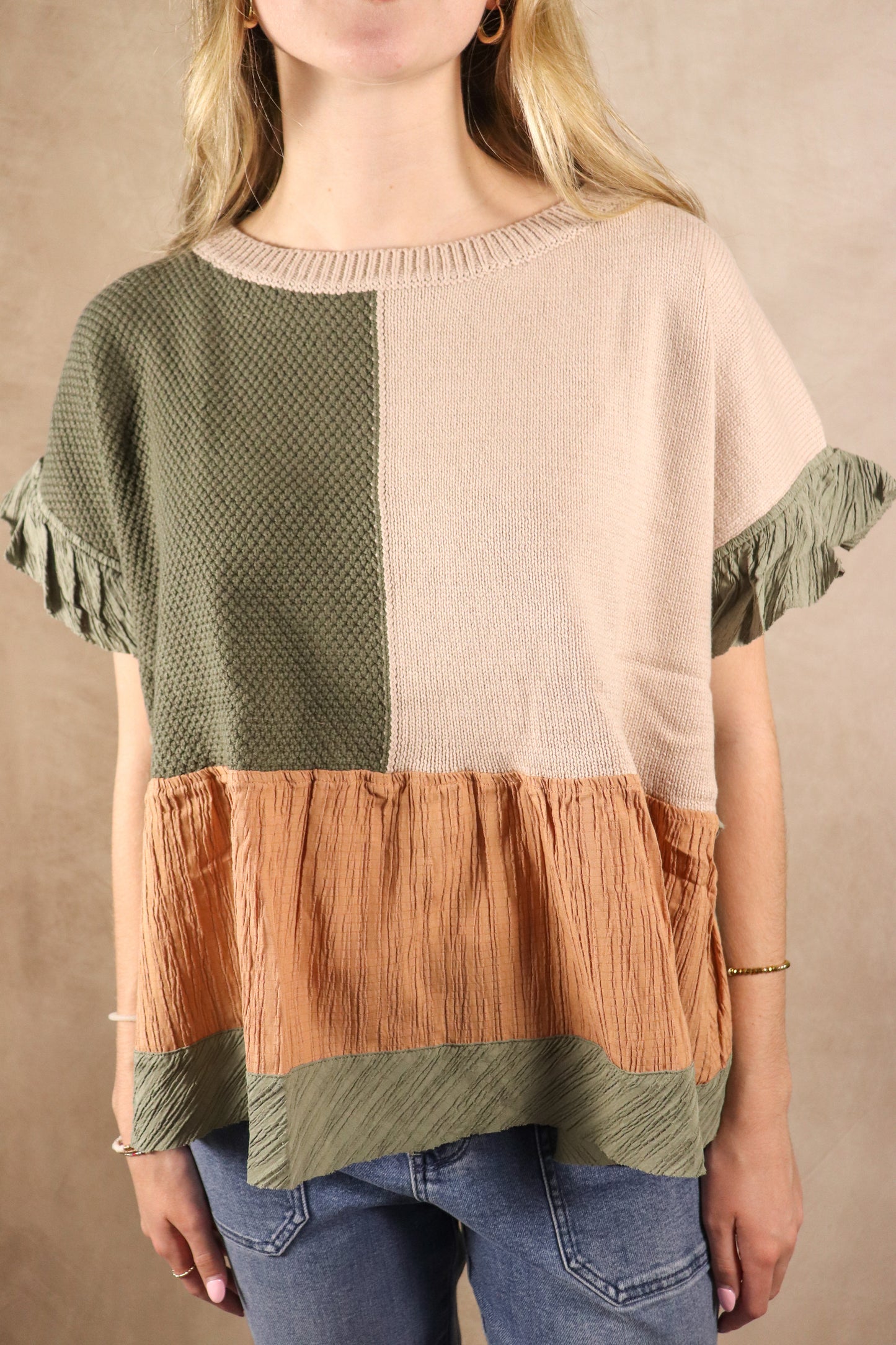 Olive Multi Color Sweater Patchwork Top