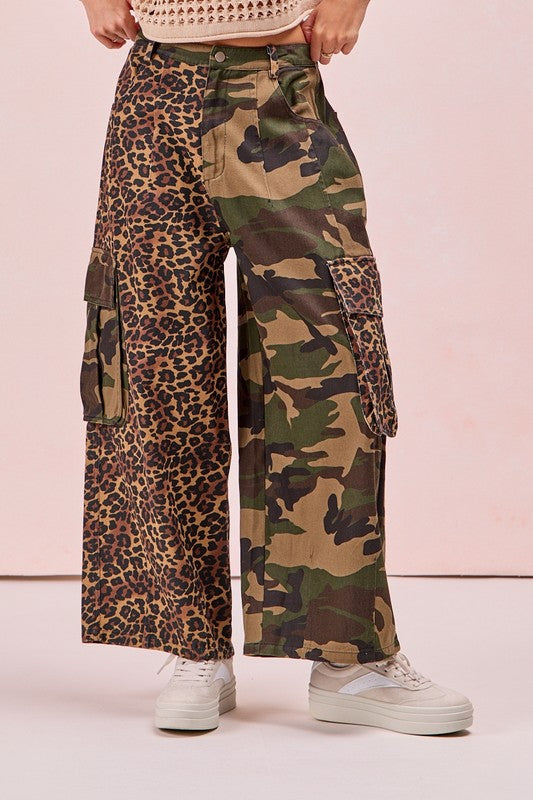 Leopard and Camo Mixed Cargo Pocket Pants