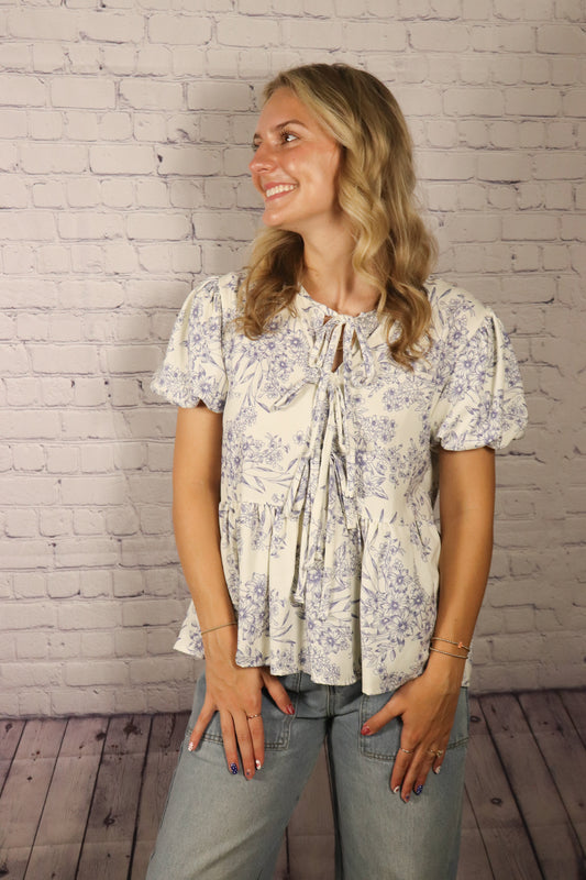 Ribbon Tie Floral Woven Blouse
