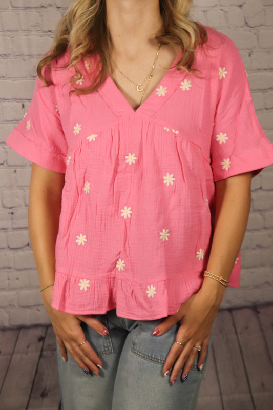 Flower Embroidered Woven Top