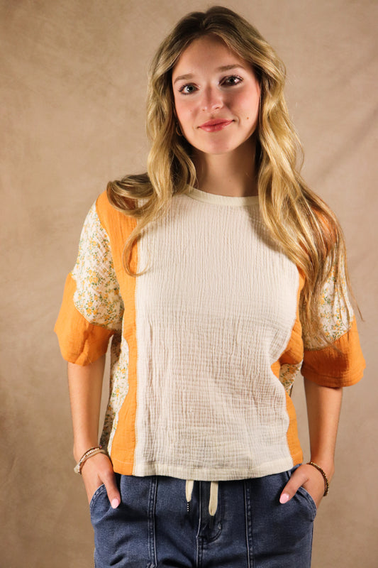 Apricot Floral Patchwork Gauze Top
