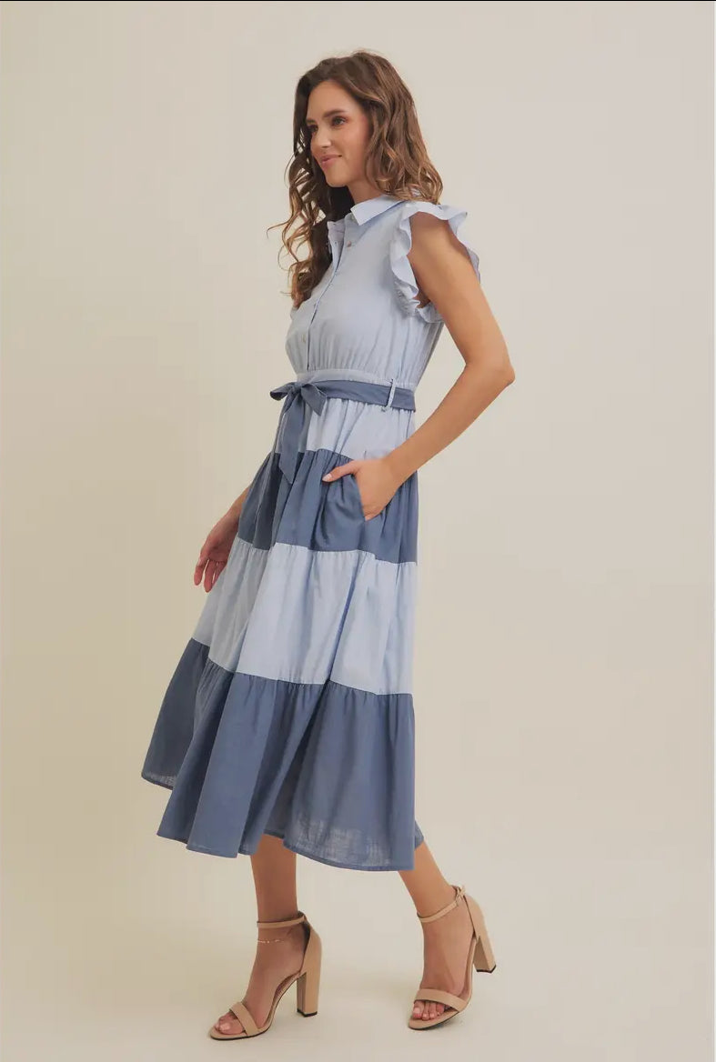The Patsy| Blue Color-Blocked Cotton Midi Dress