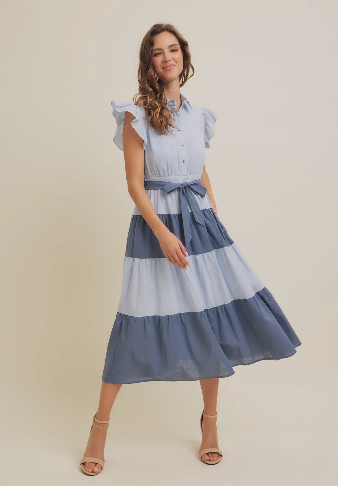The Patsy| Blue Color-Blocked Cotton Midi Dress