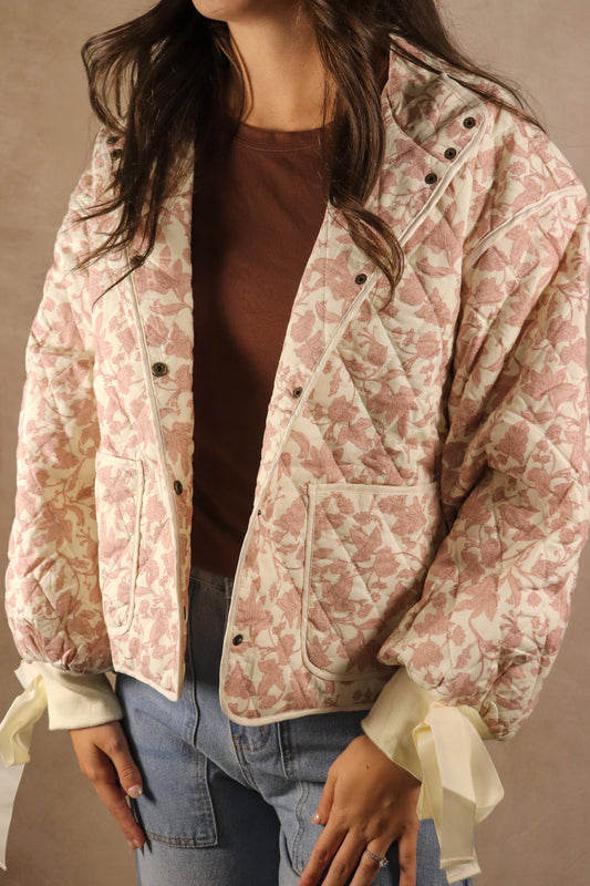 Floral Quilted Jacket with Ribbon Detail