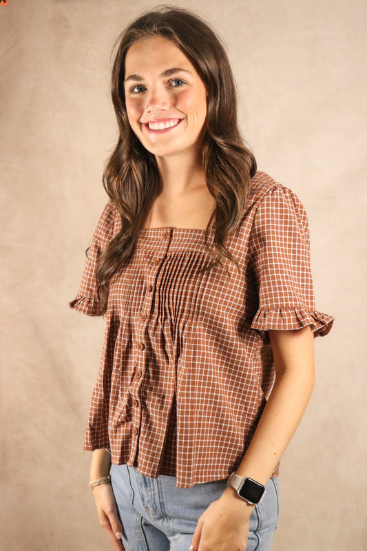 Brown Plaid Button Up Blouse