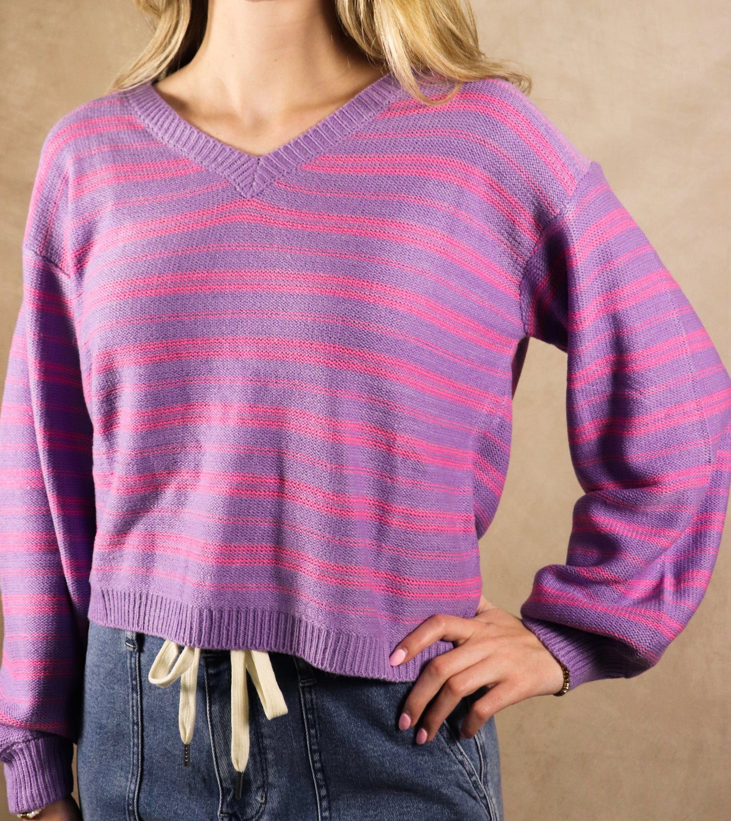 Pink and Purple Striped V-Neck Sweater