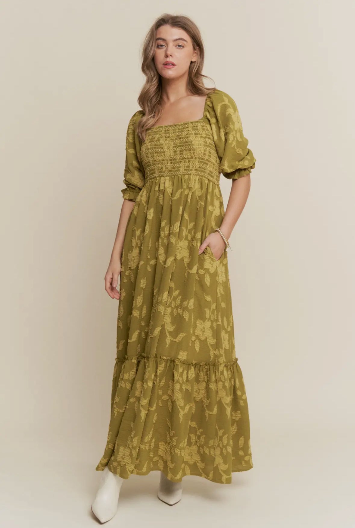 The Macy| Olive Floral Smocked Maxi Dress