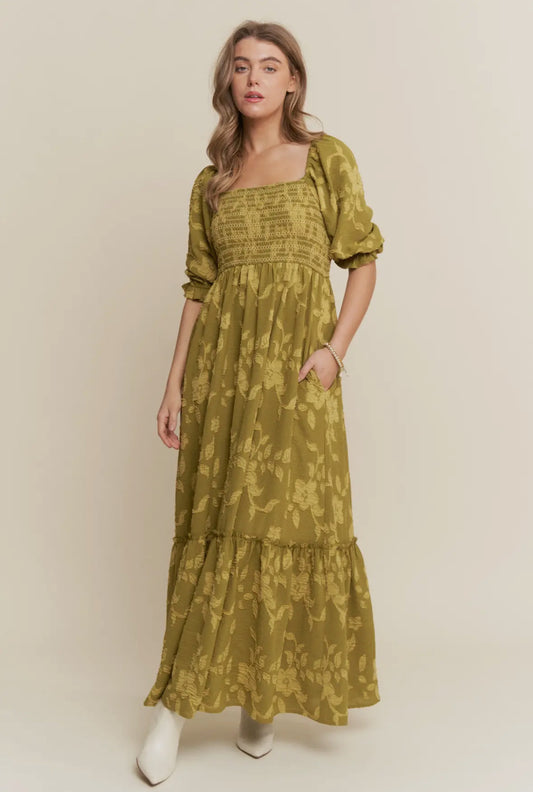 The Macy| Olive Floral Smocked Maxi Dress