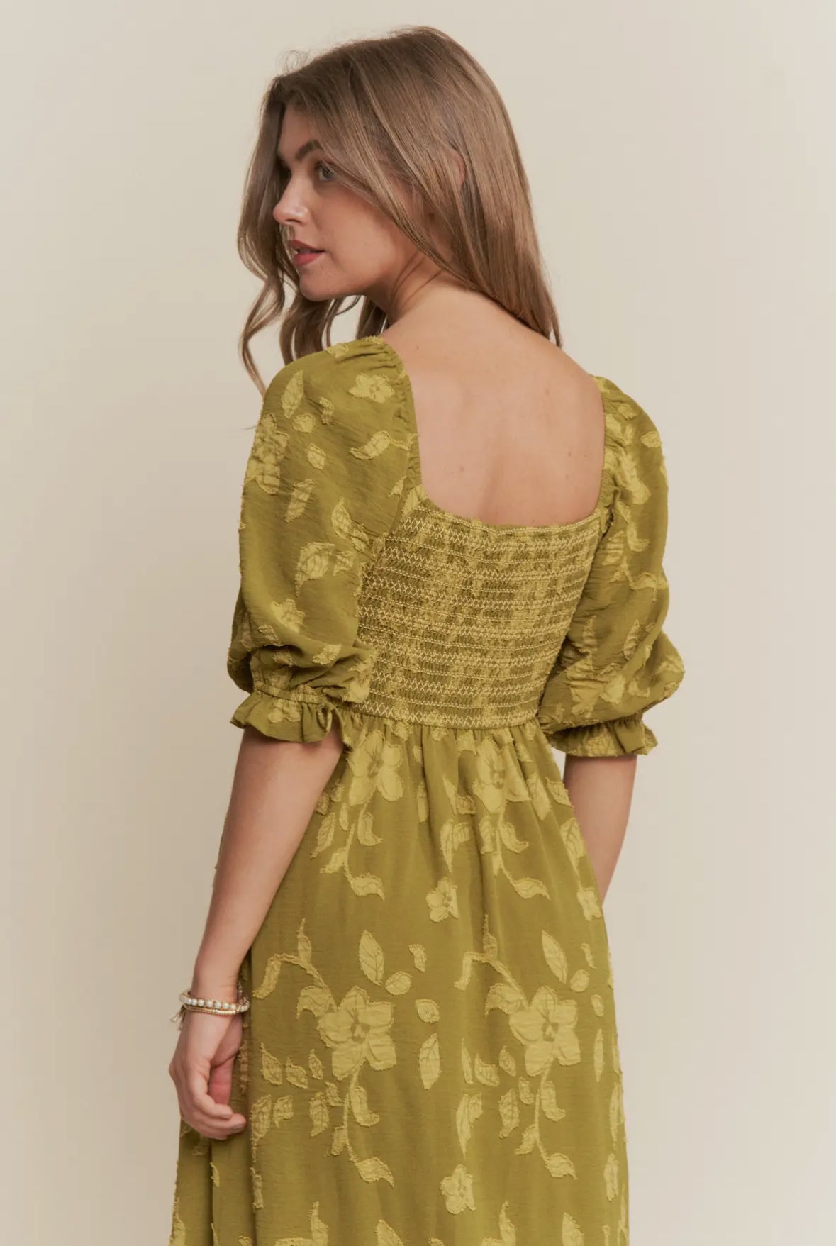 The Macy| Olive Floral Smocked Maxi Dress