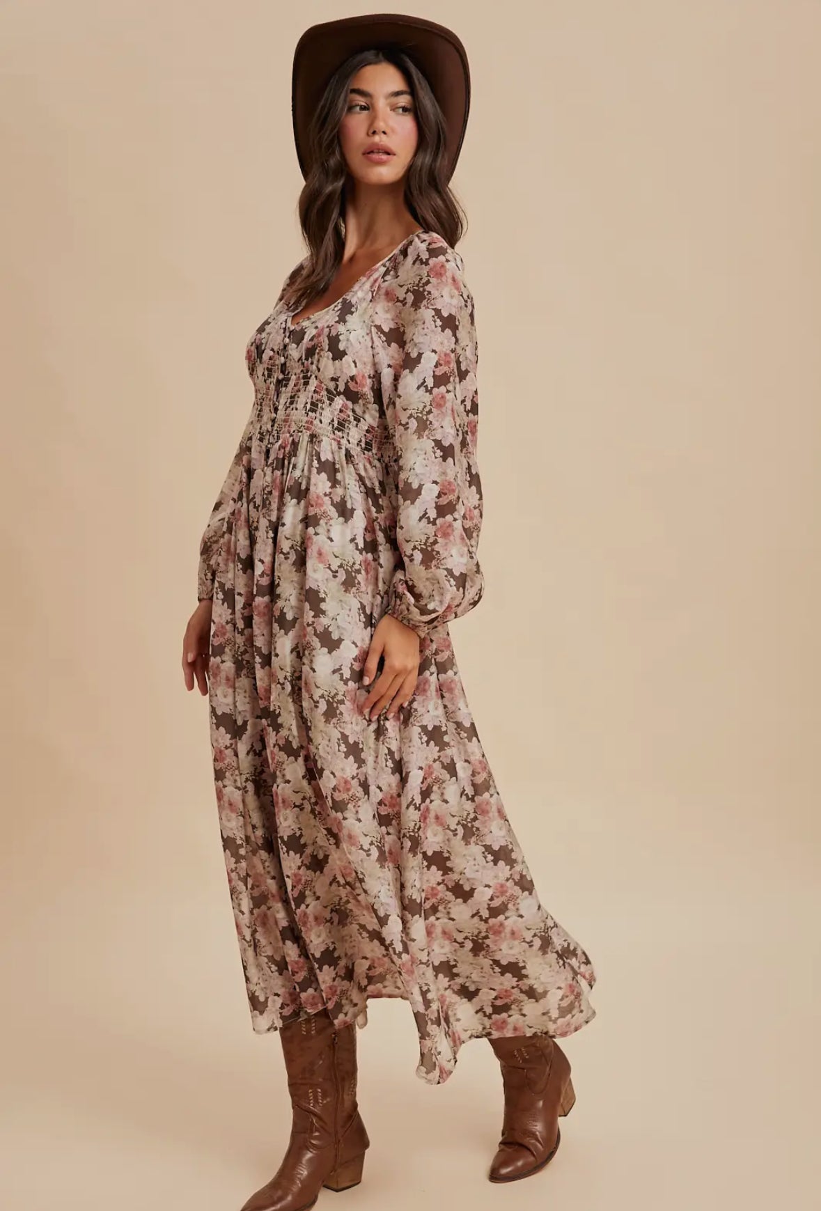 The Paisley| Mocha Floral Smocked Button Maxi Dress