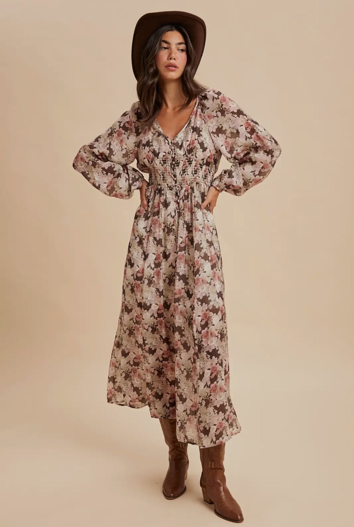 The Paisley| Mocha Floral Smocked Button Maxi Dress