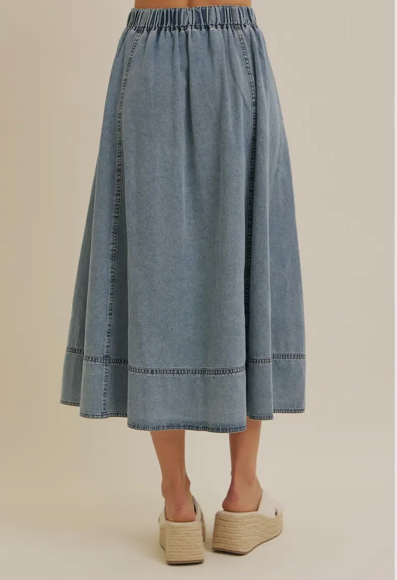 Flare Denim Midi Skirt