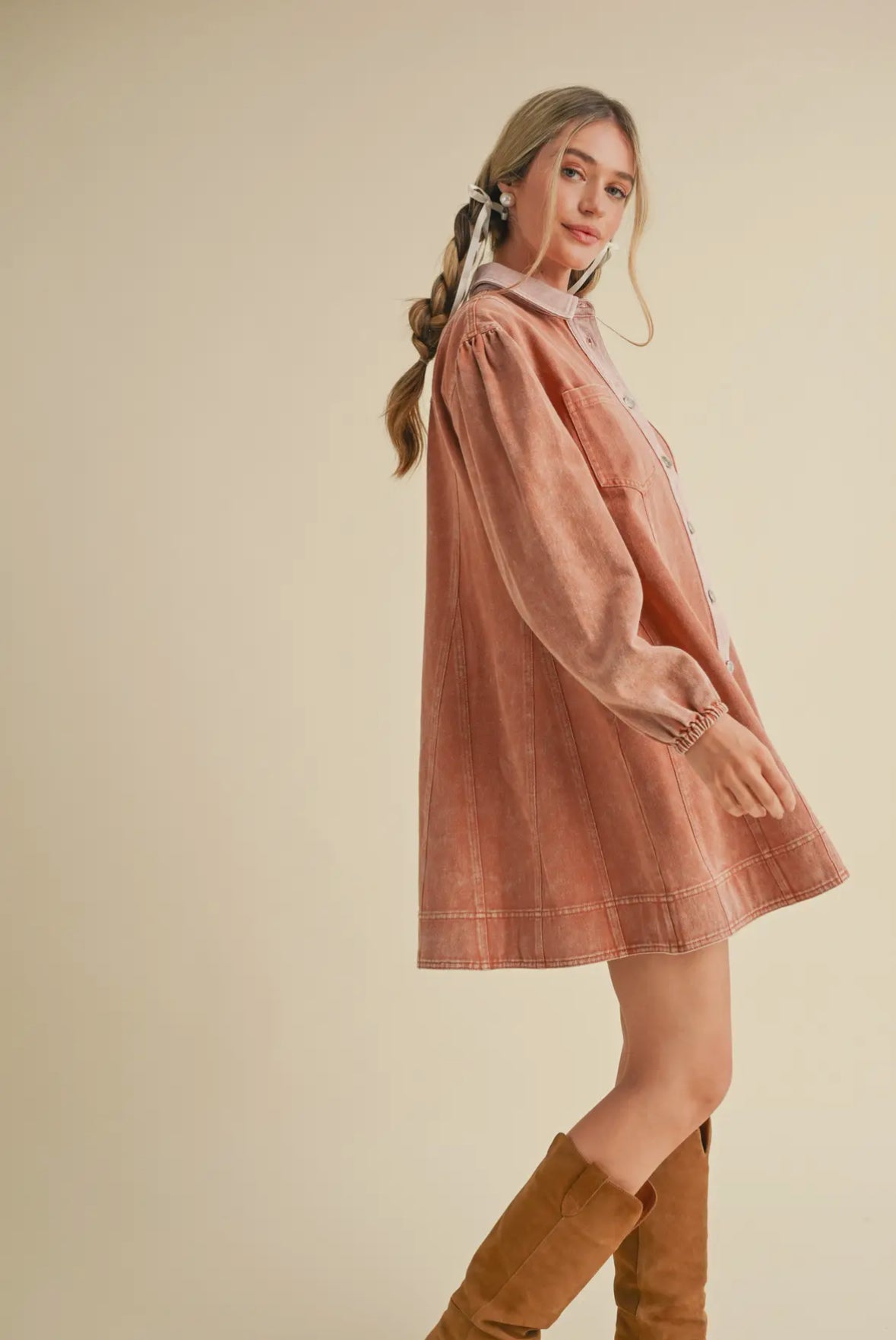 The Aubrey| Terracotta Washed Denim Button Down Dress