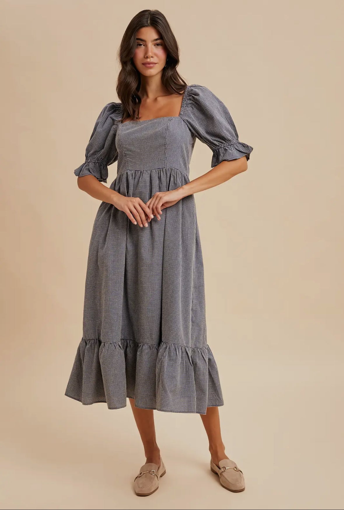 The Opal| Navy Grid Checkered Midi Dress