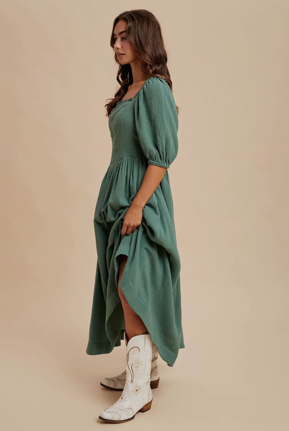 The Callie| Evergreen Cotton Square Neck Maxi Dress