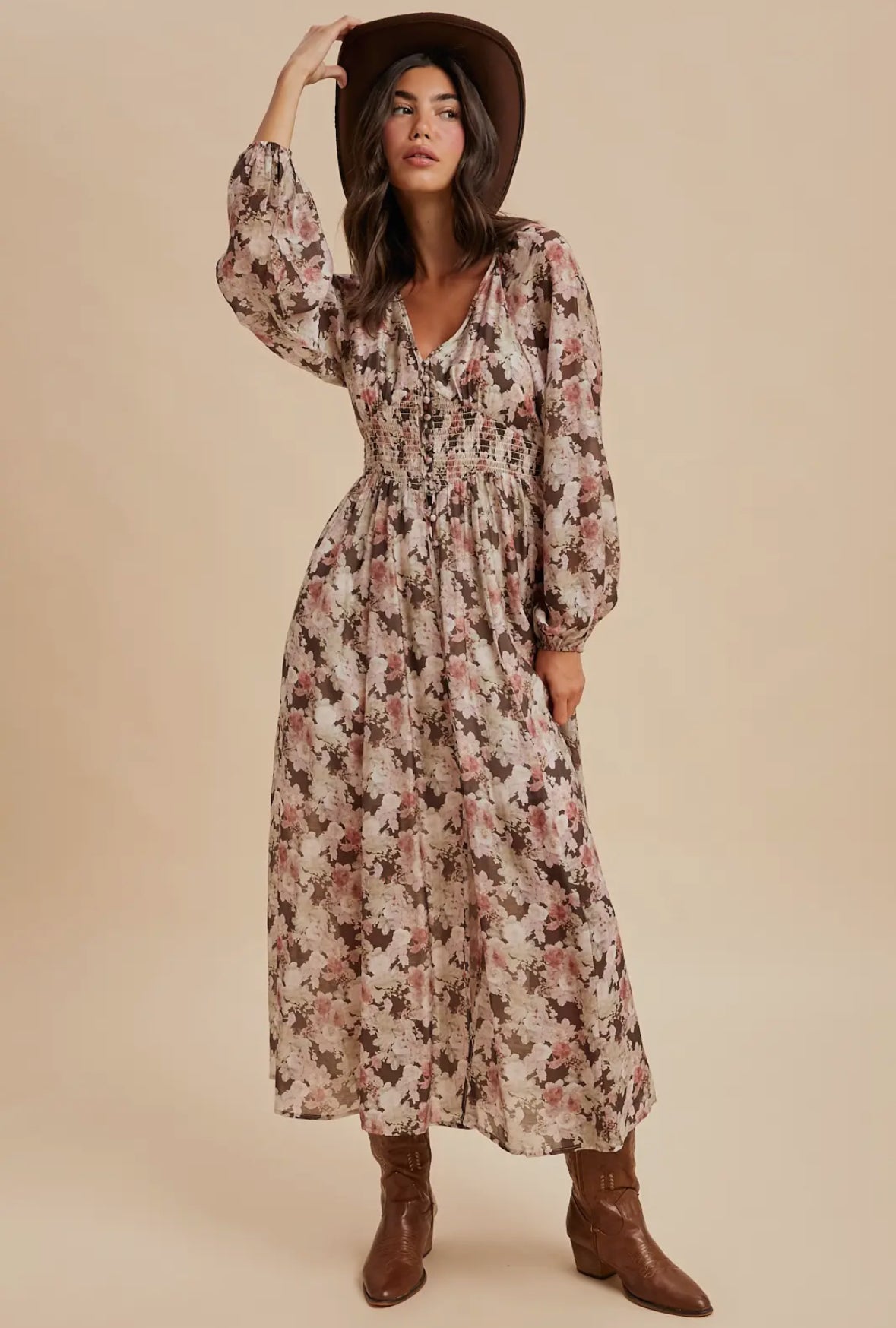 The Paisley| Mocha Floral Smocked Button Maxi Dress