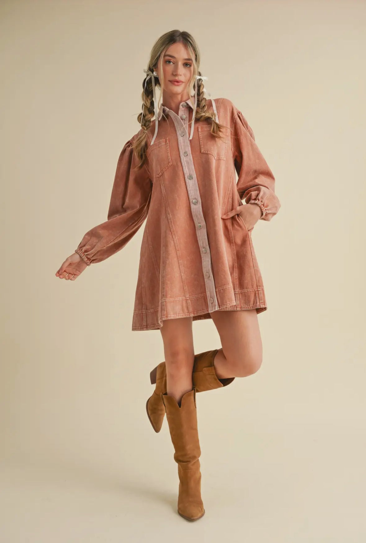 The Aubrey| Terracotta Washed Denim Button Down Dress
