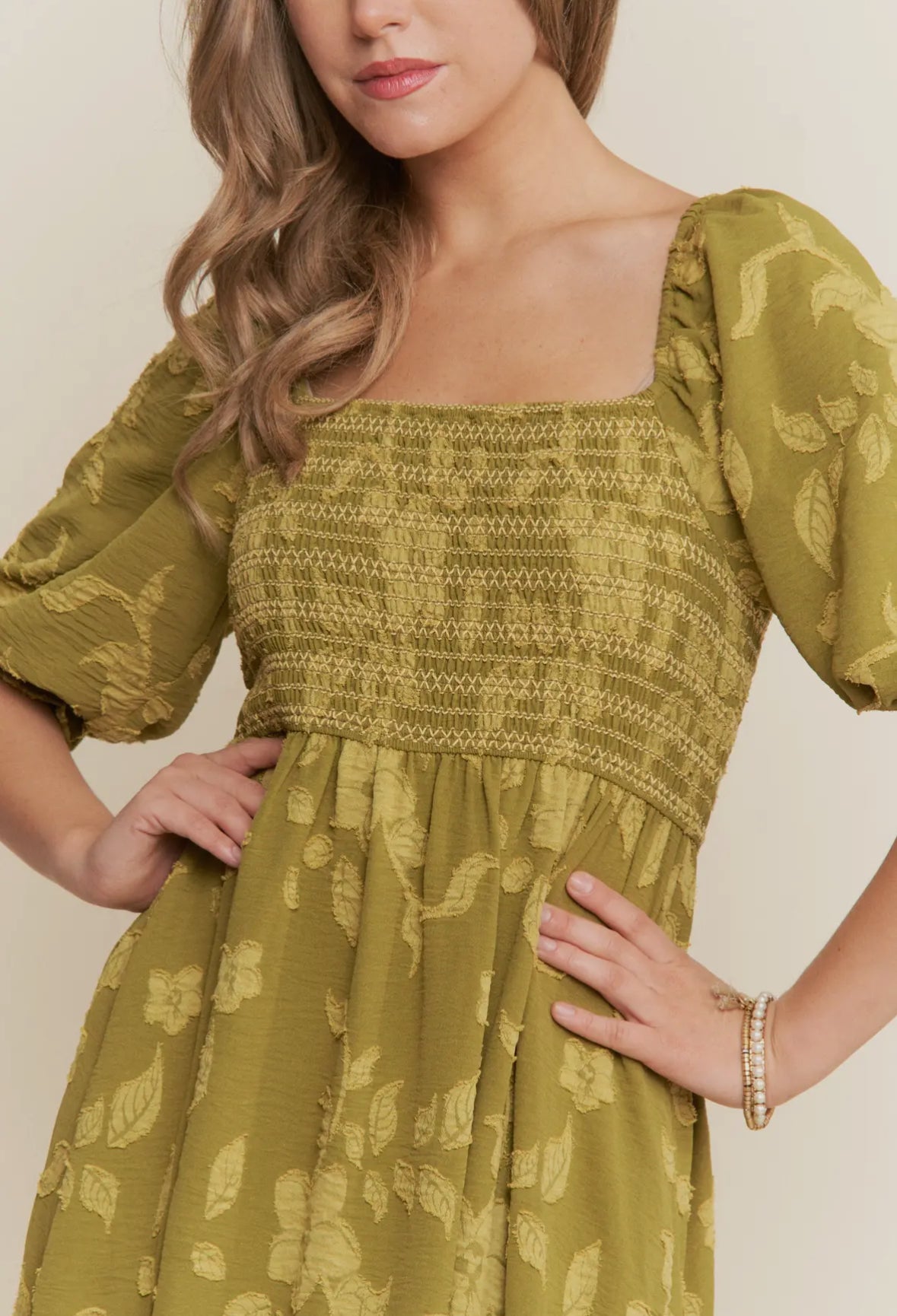 The Macy| Olive Floral Smocked Maxi Dress