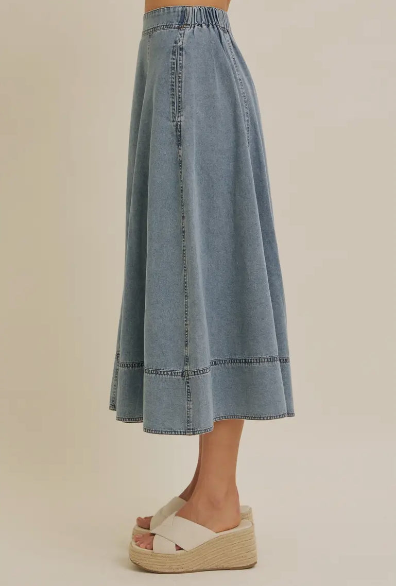 Flare Denim Midi Skirt