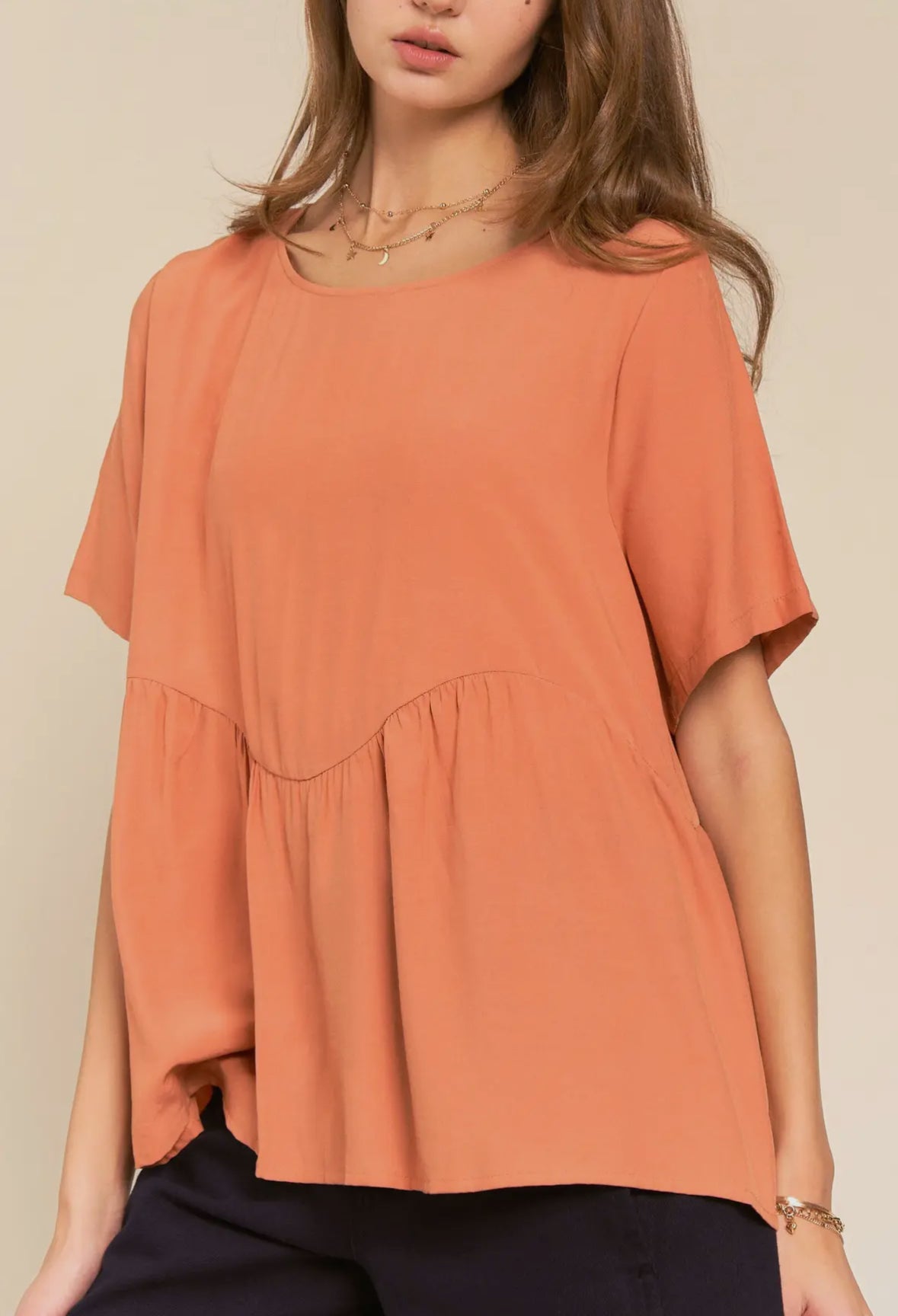 Salmon Plated Short Sleeve Flowy Top