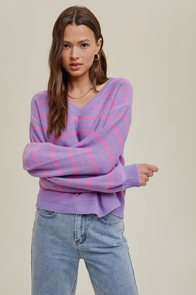 Pink and Purple Striped V-Neck Sweater