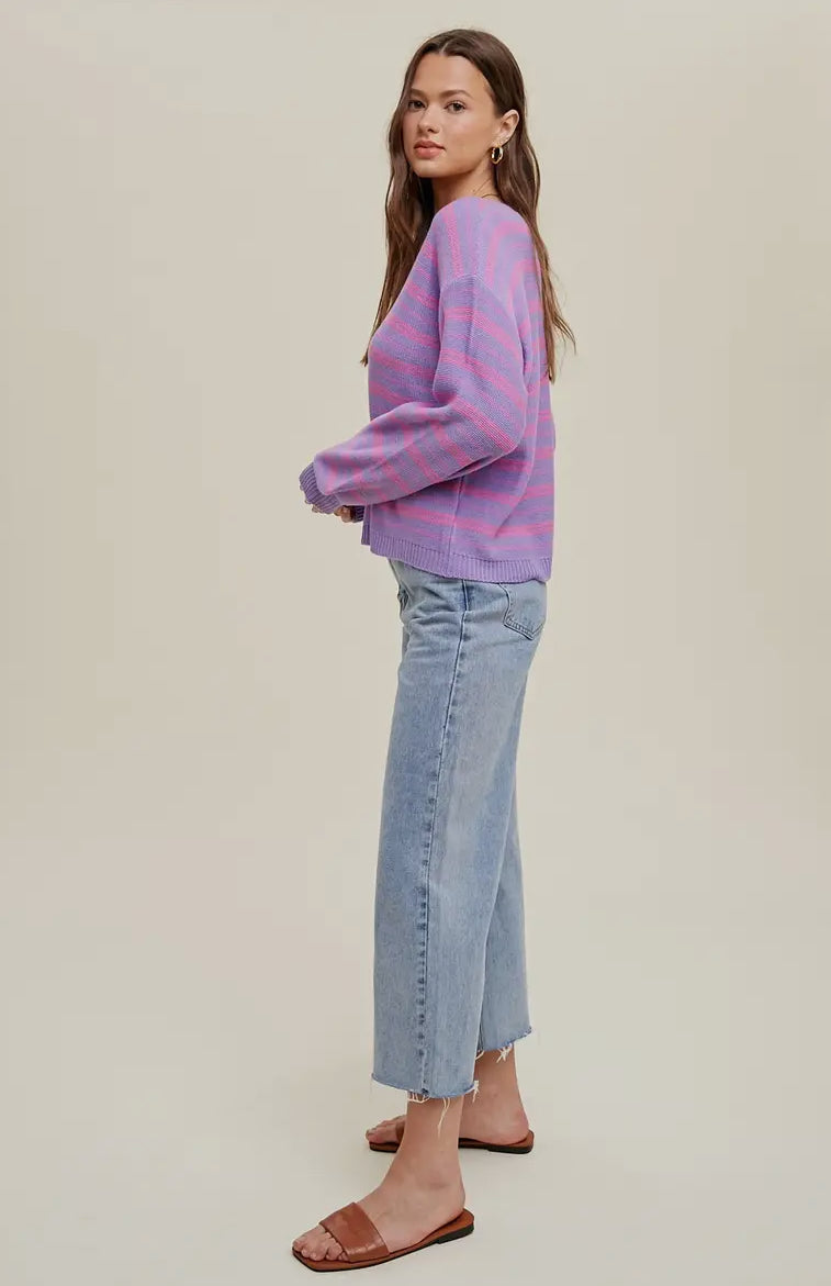 Pink and Purple Striped V-Neck Sweater