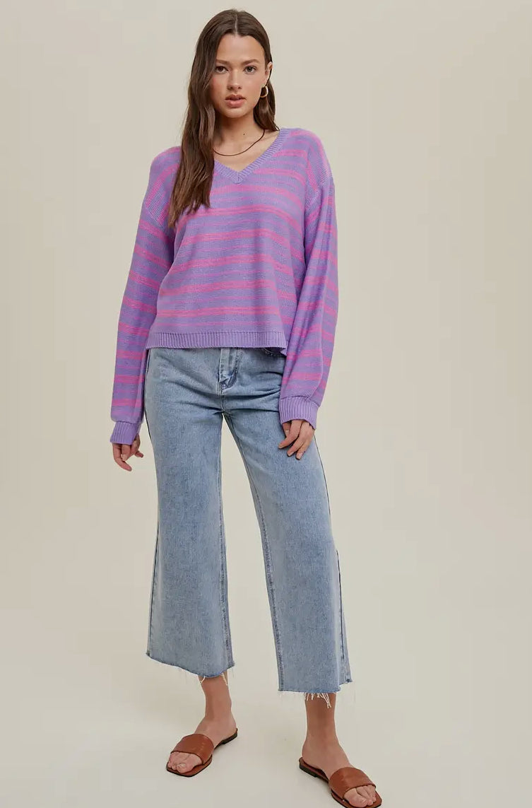 Pink and Purple Striped V-Neck Sweater