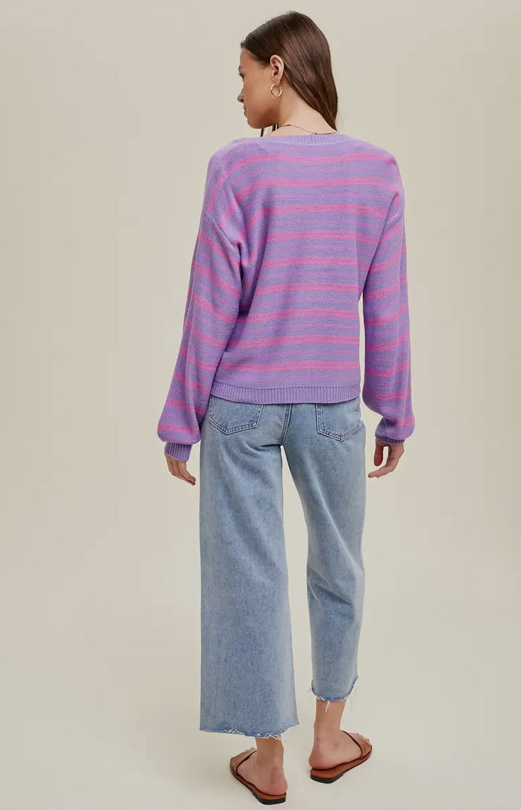 Pink and Purple Striped V-Neck Sweater