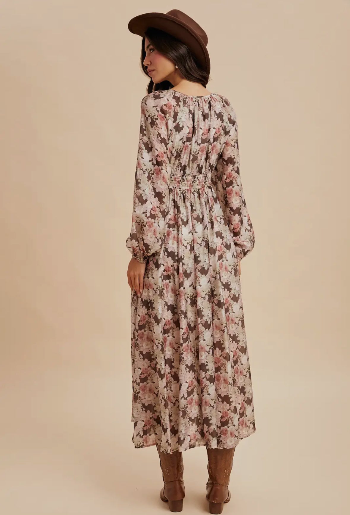 The Paisley| Mocha Floral Smocked Button Maxi Dress
