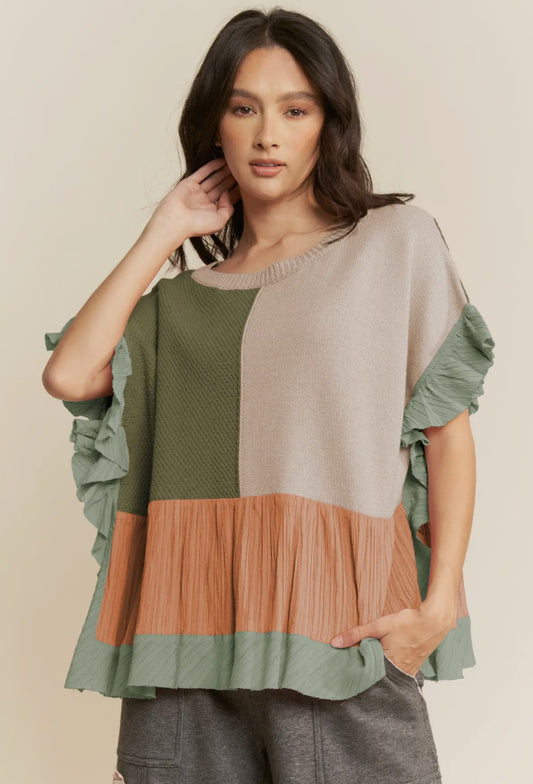Olive Multi Color Sweater Patchwork Top