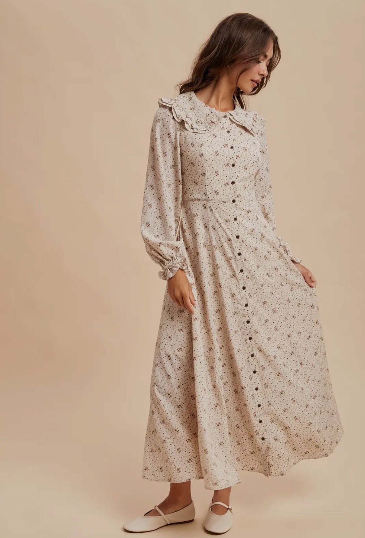 The Nora| Creamy Oat Collar Button Down Maxi Dress