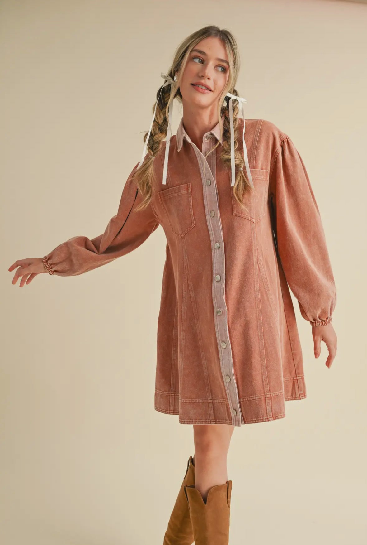 The Aubrey| Terracotta Washed Denim Button Down Dress