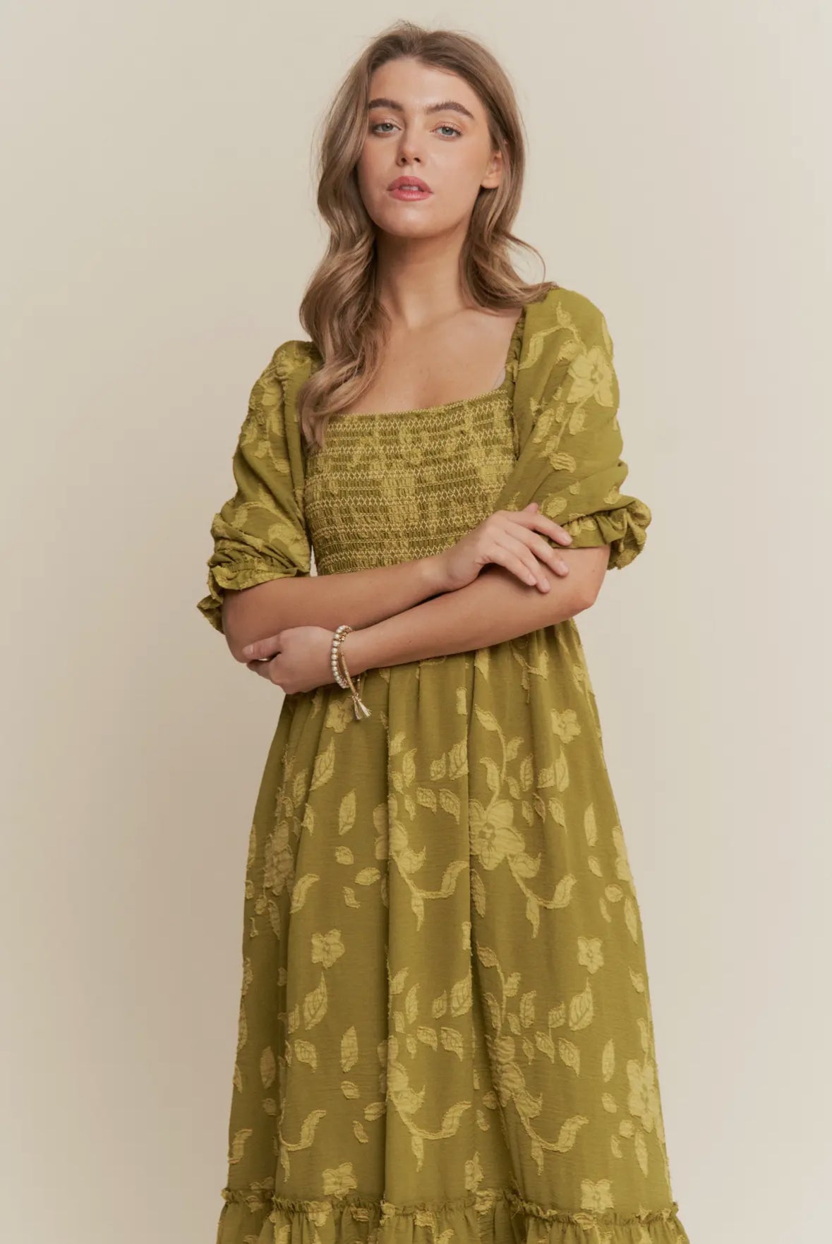 The Macy| Olive Floral Smocked Maxi Dress
