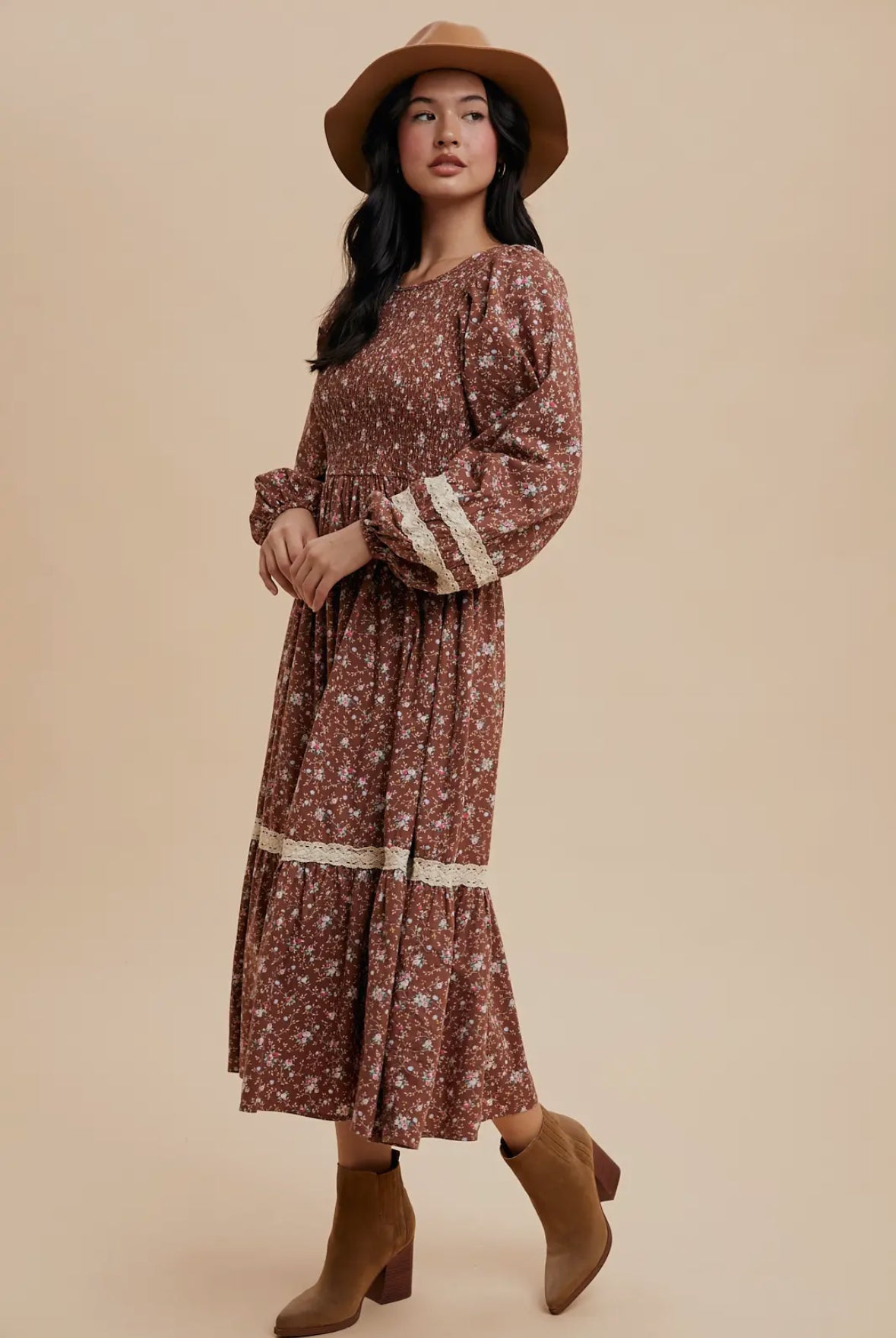 The Indie| Mocha Smocked Floral Cotton Maxi Dress
