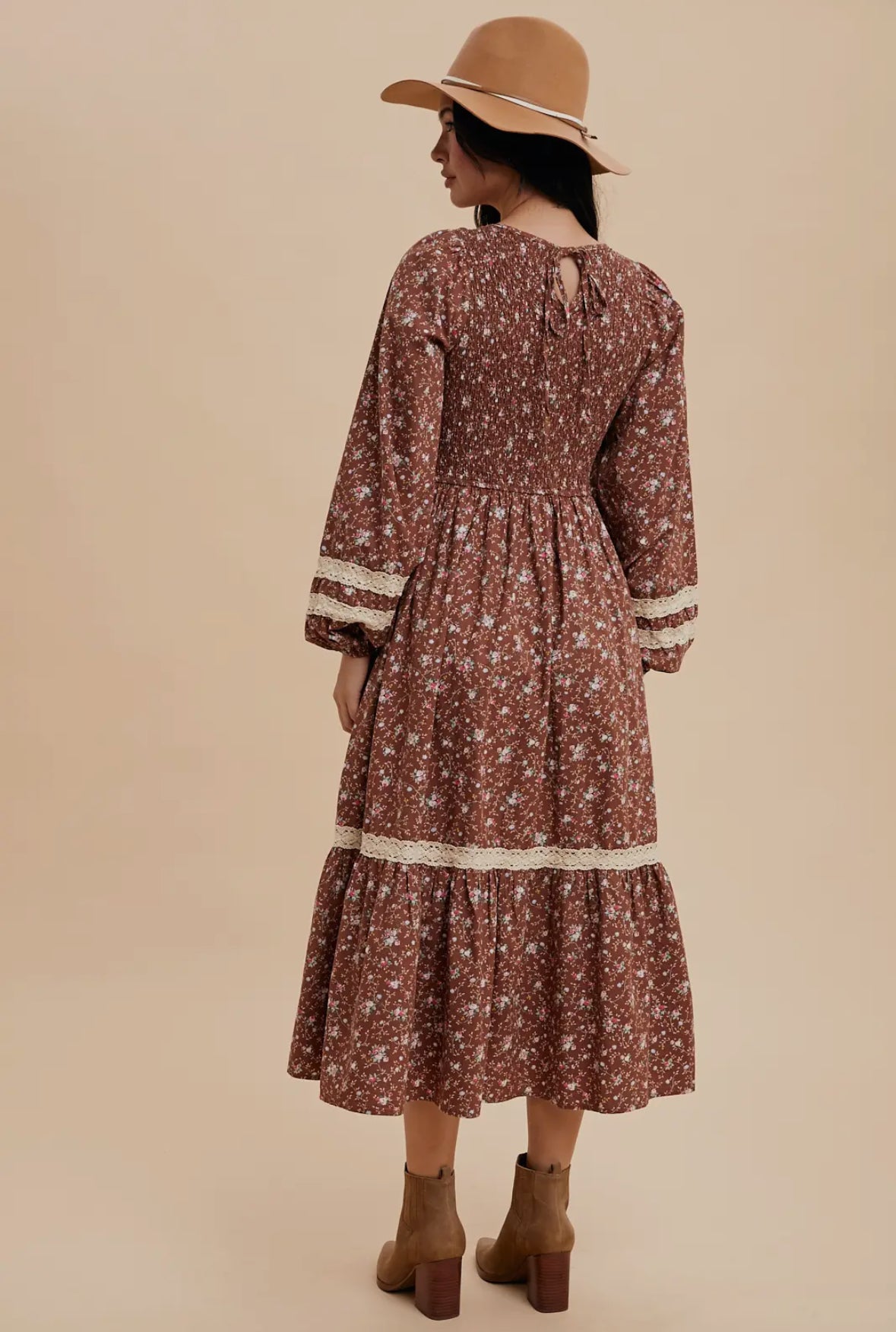 The Indie| Mocha Smocked Floral Cotton Maxi Dress