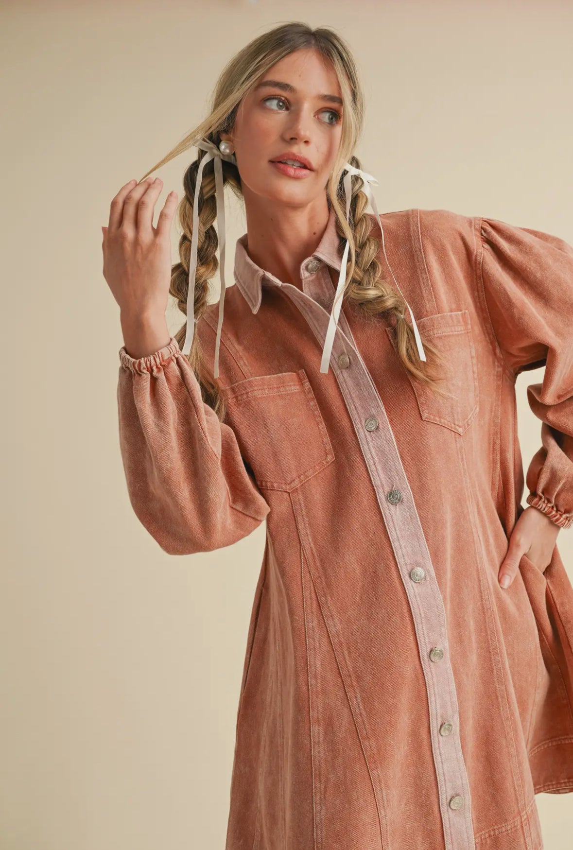 The Aubrey| Terracotta Washed Denim Button Down Dress