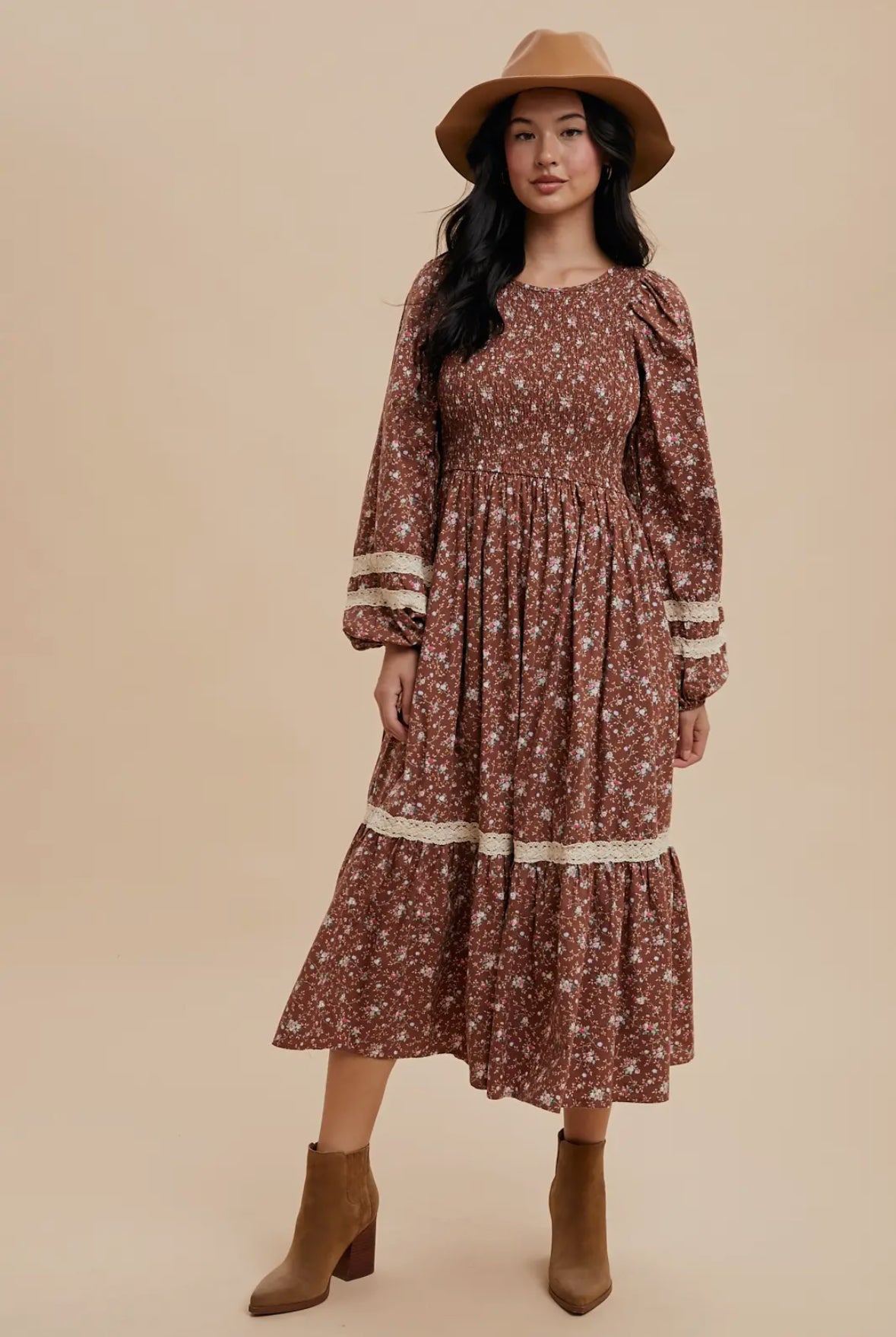 The Indie| Mocha Smocked Floral Cotton Maxi Dress
