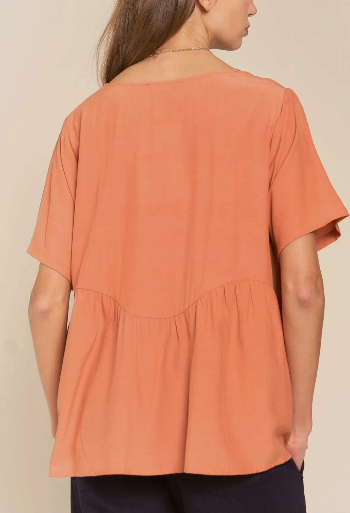 Salmon Plated Short Sleeve Flowy Top