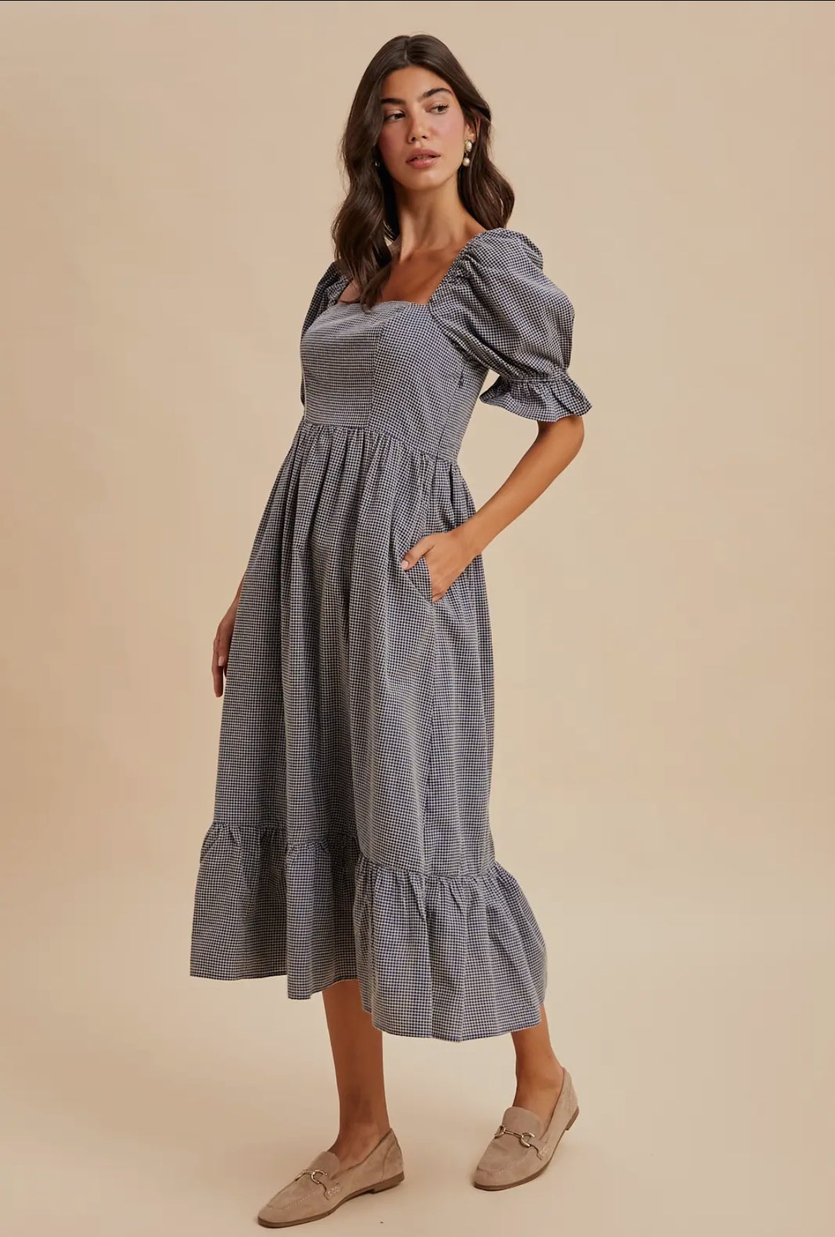 The Opal| Navy Grid Checkered Midi Dress