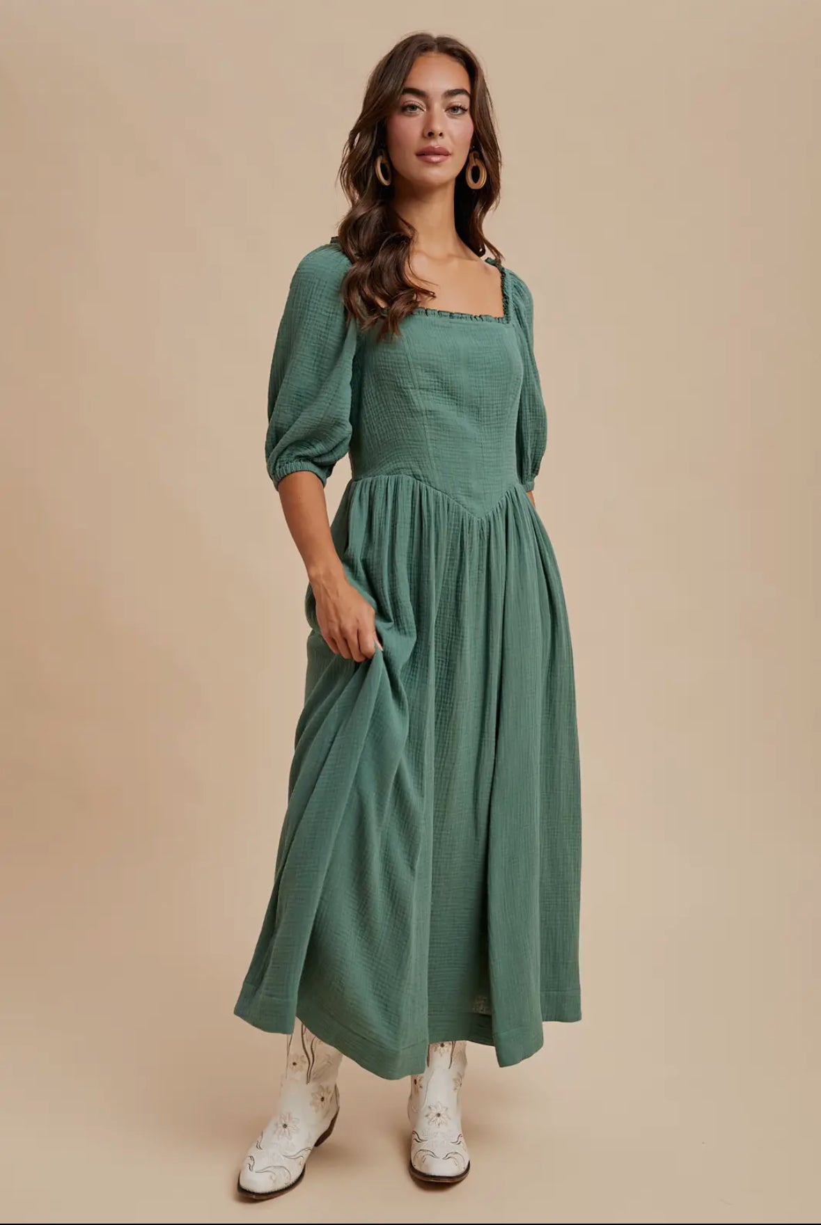 The Callie| Evergreen Cotton Square Neck Maxi Dress