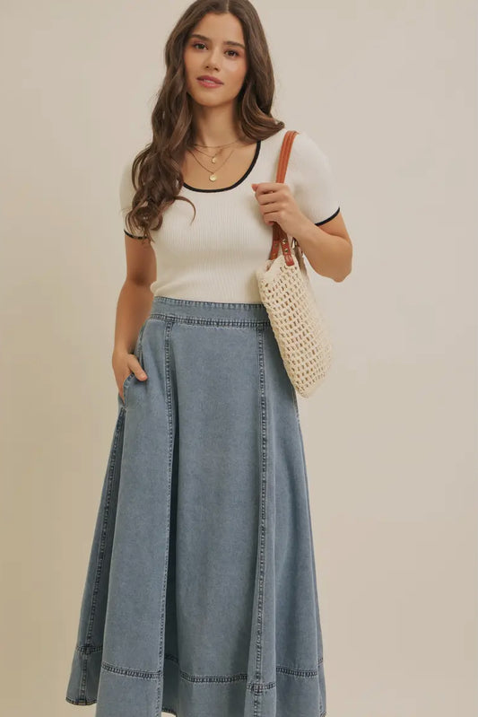 Flare Denim Midi Skirt