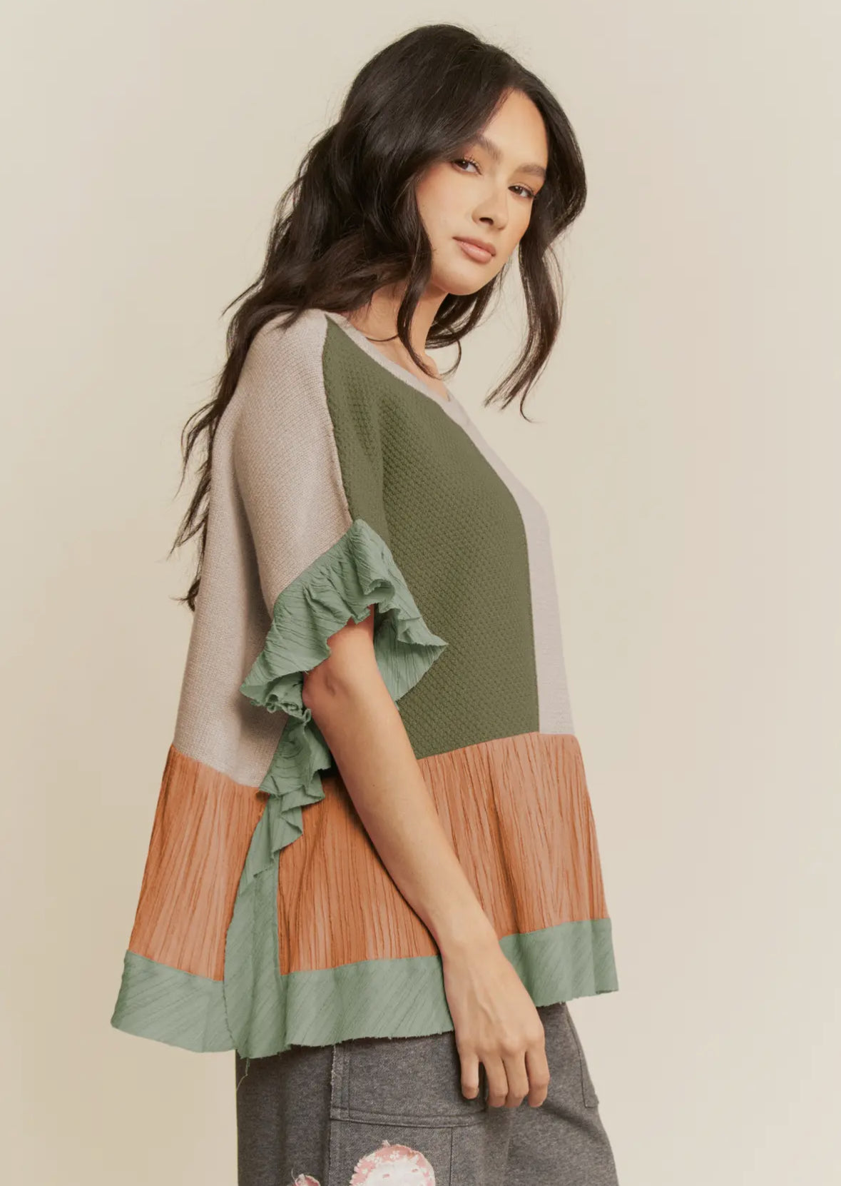 Olive Multi Color Sweater Patchwork Top