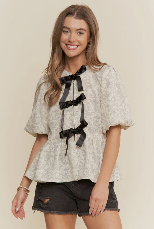Black Ribbon Detailed Puff Sleeve