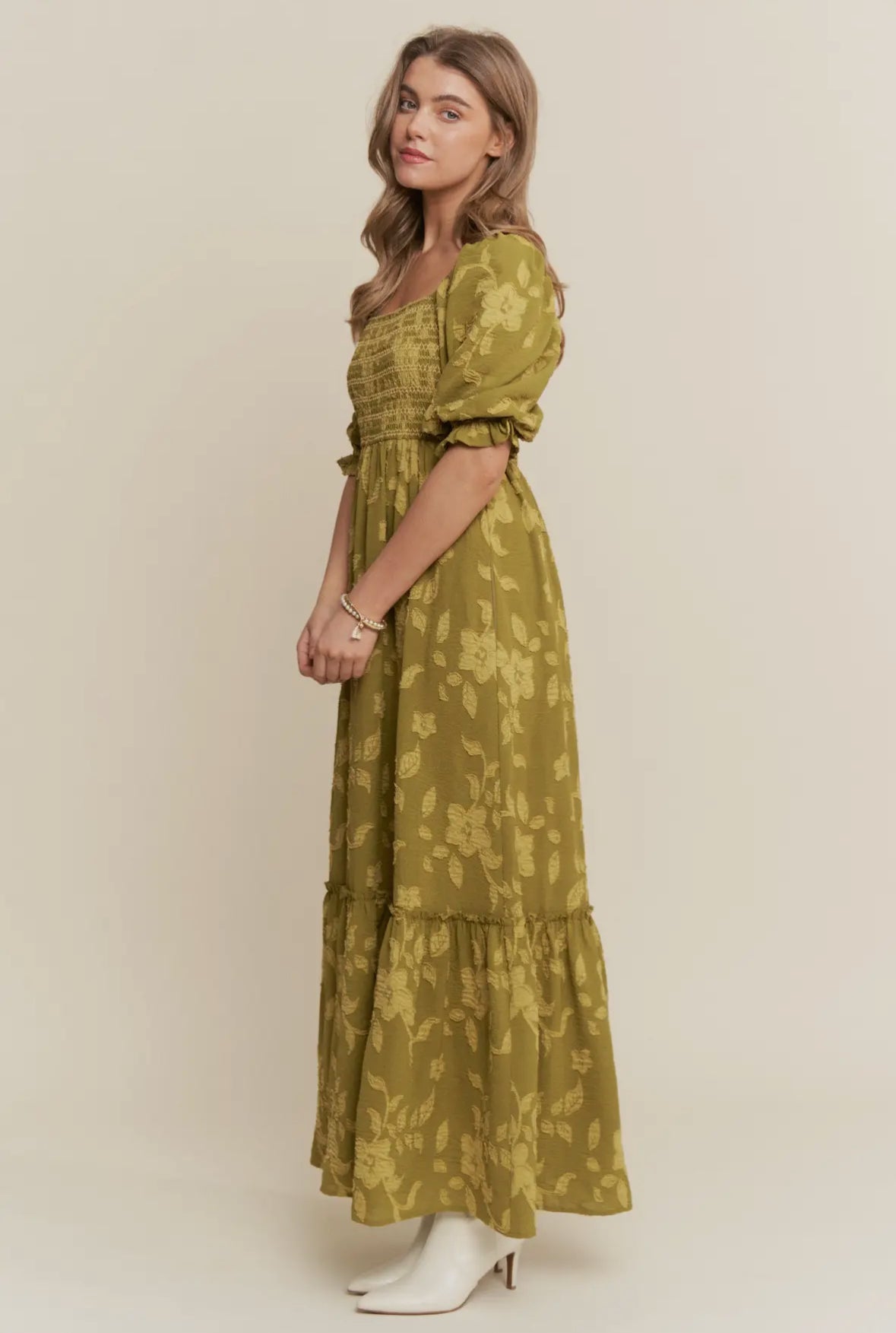 The Macy| Olive Floral Smocked Maxi Dress