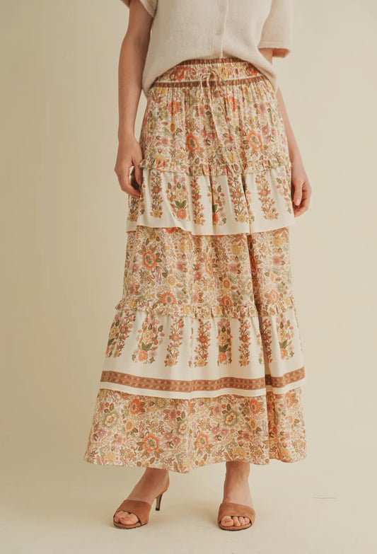 Ruffle Tiered Floral Print Midi Skirt