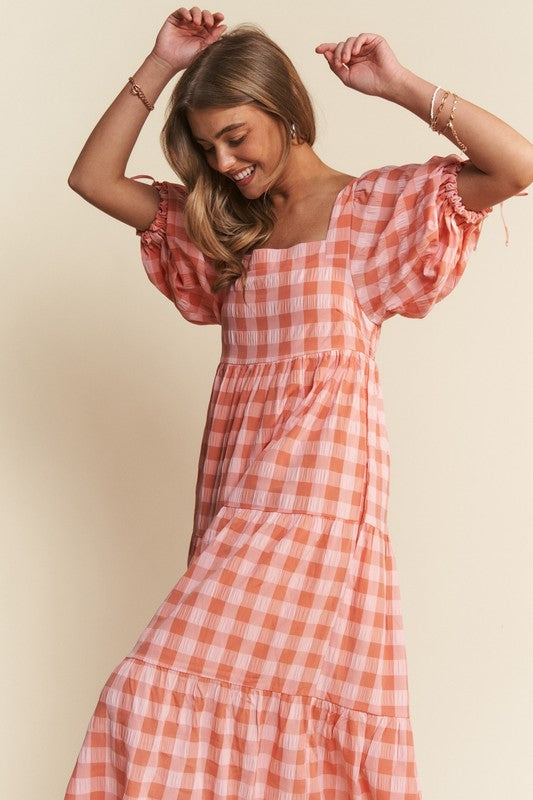 The Dolly| Salmon Checkered Tier Maxi Dress