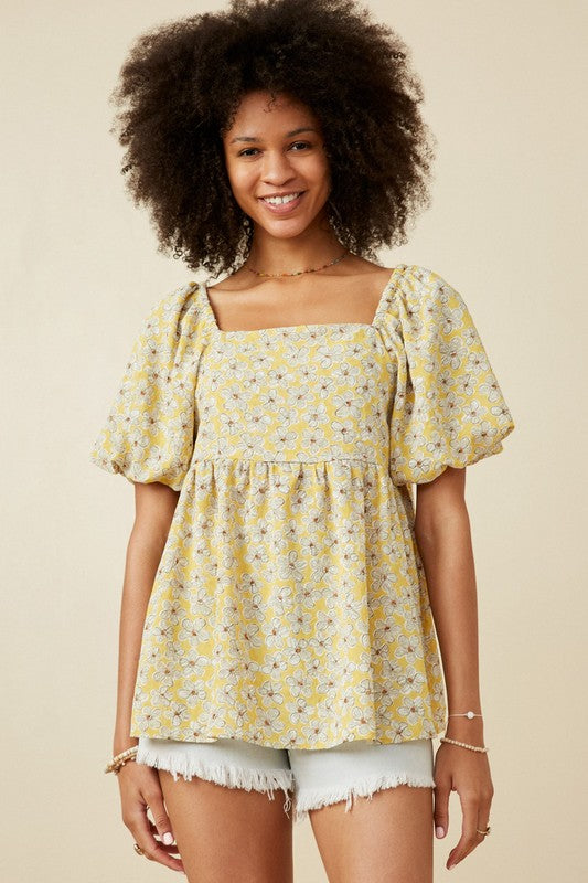 Mustard Floral Print Square Neck Top