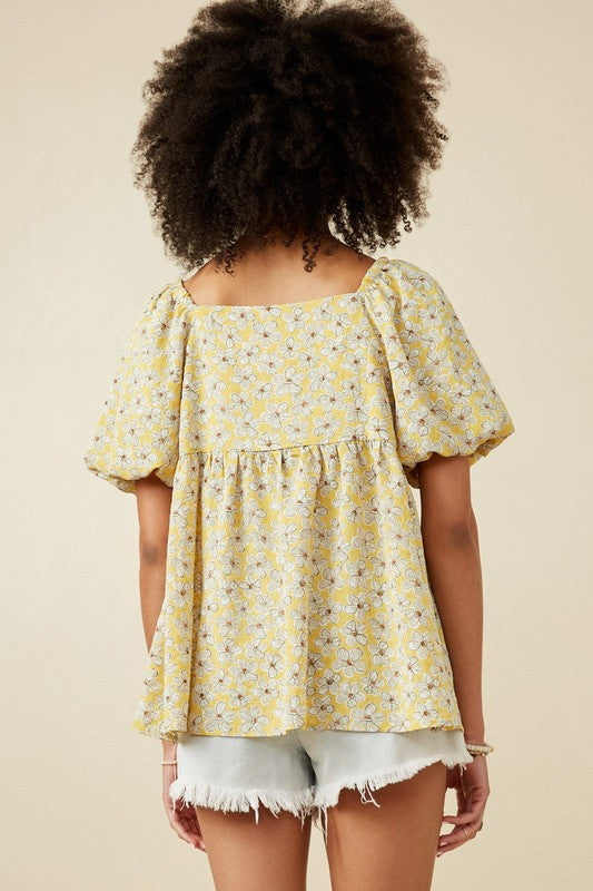 Mustard Floral Print Square Neck Top