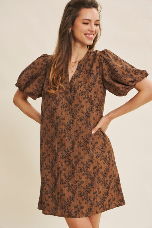 The Annabelle| Pecan Brown Floral Mini A-line Dress