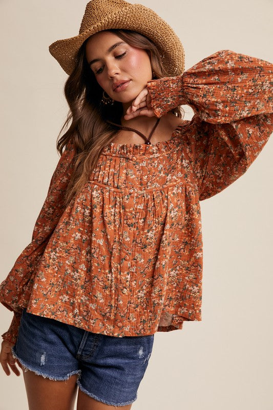 Rust Square Neck Floral Top